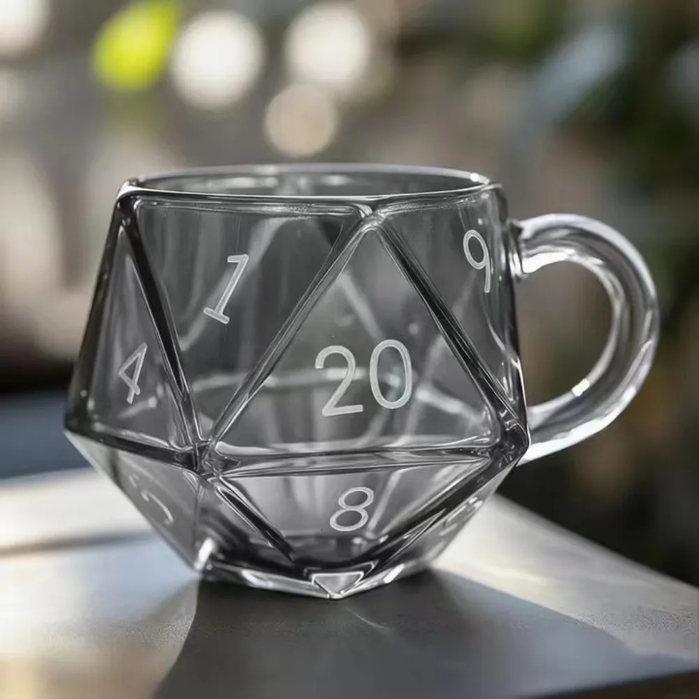 Transparent Glass Rainbow D20 Dice Mug with Handle Fantasy Themed Polyhedral Dice Coffee Cup Game Mug for RPG Lovers