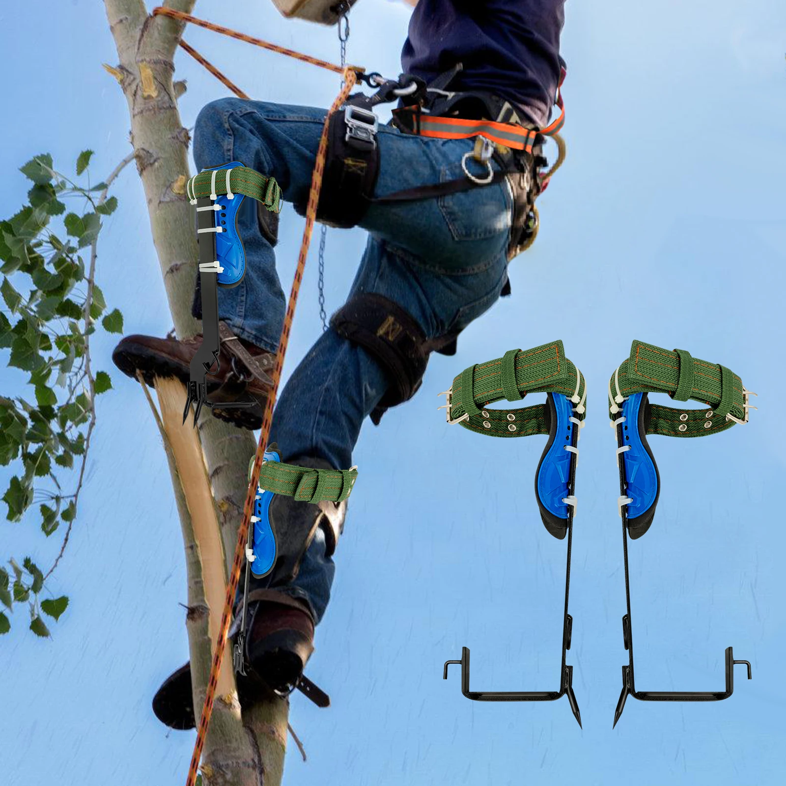 Tree Climbing Spikes Kit w/Safety Harness Gloves Double Teeth Tree Climbing Gear Climber Arborist Aider Tool