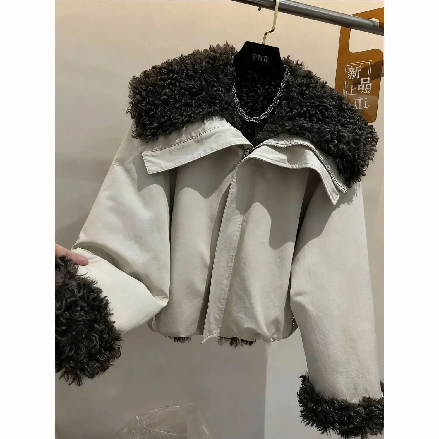 Trend Fleece Lined Winter Warm Women's Jacket Fur Trim Patchwork Long Sleeve Puffer Jacket New Versatile Short Top Parkas Coats