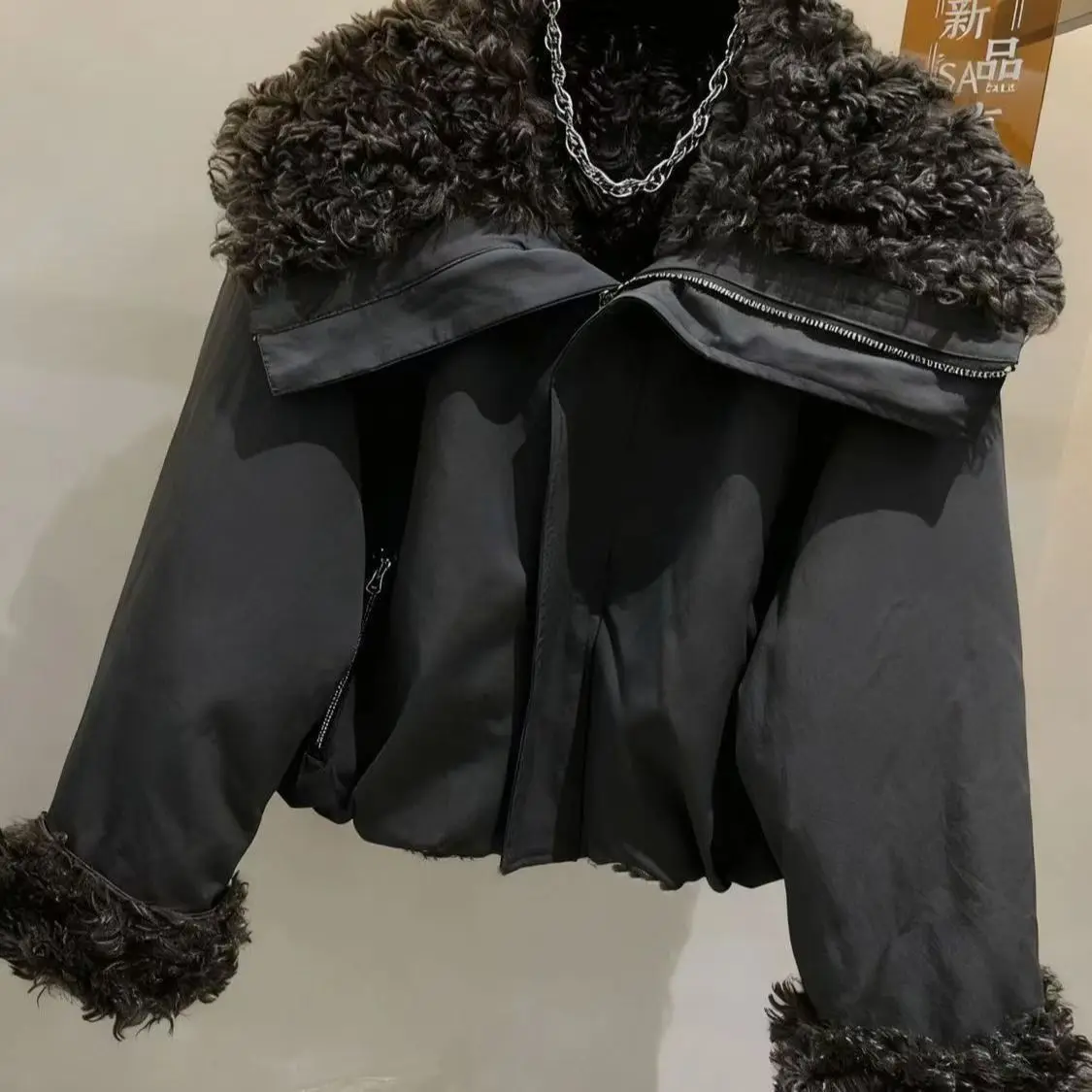 Trend Fleece Lined Winter Warm Women's Jacket Fur Trim Patchwork Long Sleeve Puffer Jacket New Versatile Short Top Parkas Coats