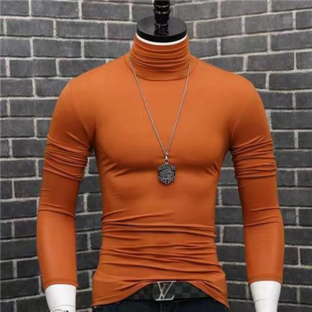 Trendy Casual Turtleneck Men's Modal Winter Sweater turtleneck Cool Blouse Tight Modal T-shirt Youth Solid Color Base Shirt Top