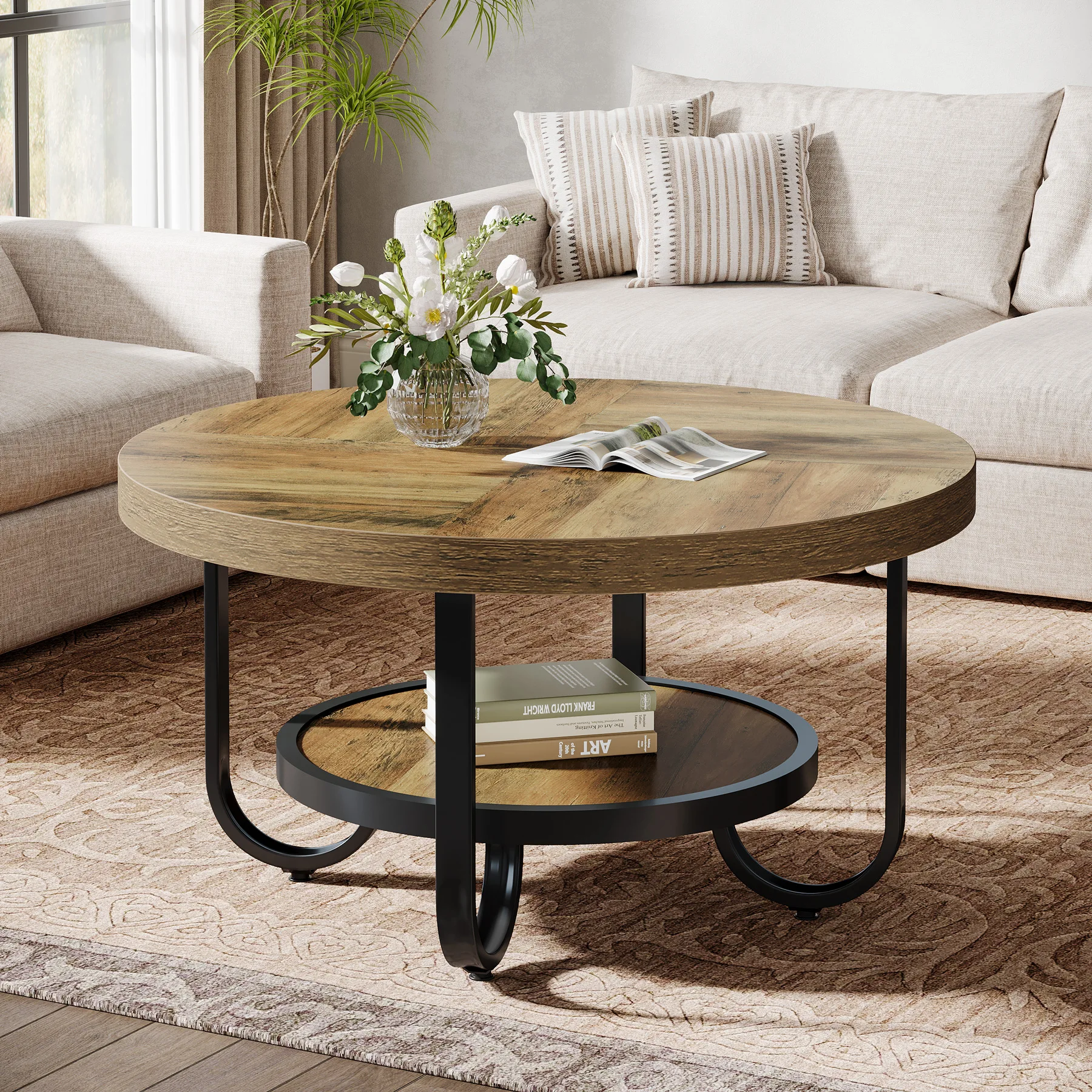 Tribesigns 2-Tier Round Coffee Table with Storage Shelf for Living Room, 31.1-Inch Center Cocktail Table with Sturdy Curved Meta