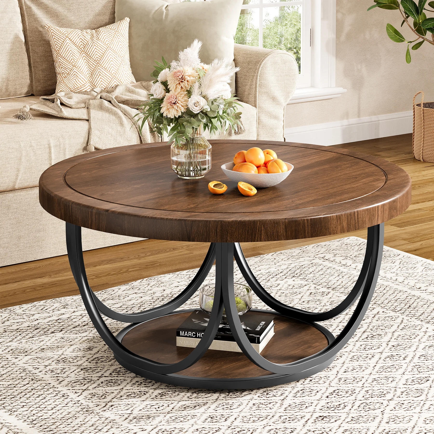 Tribesigns Round Coffee Table with 2 Tiers, 80 cm Wooden Circle Accent Cocktail Table with Storage Shelf and Metal Frame