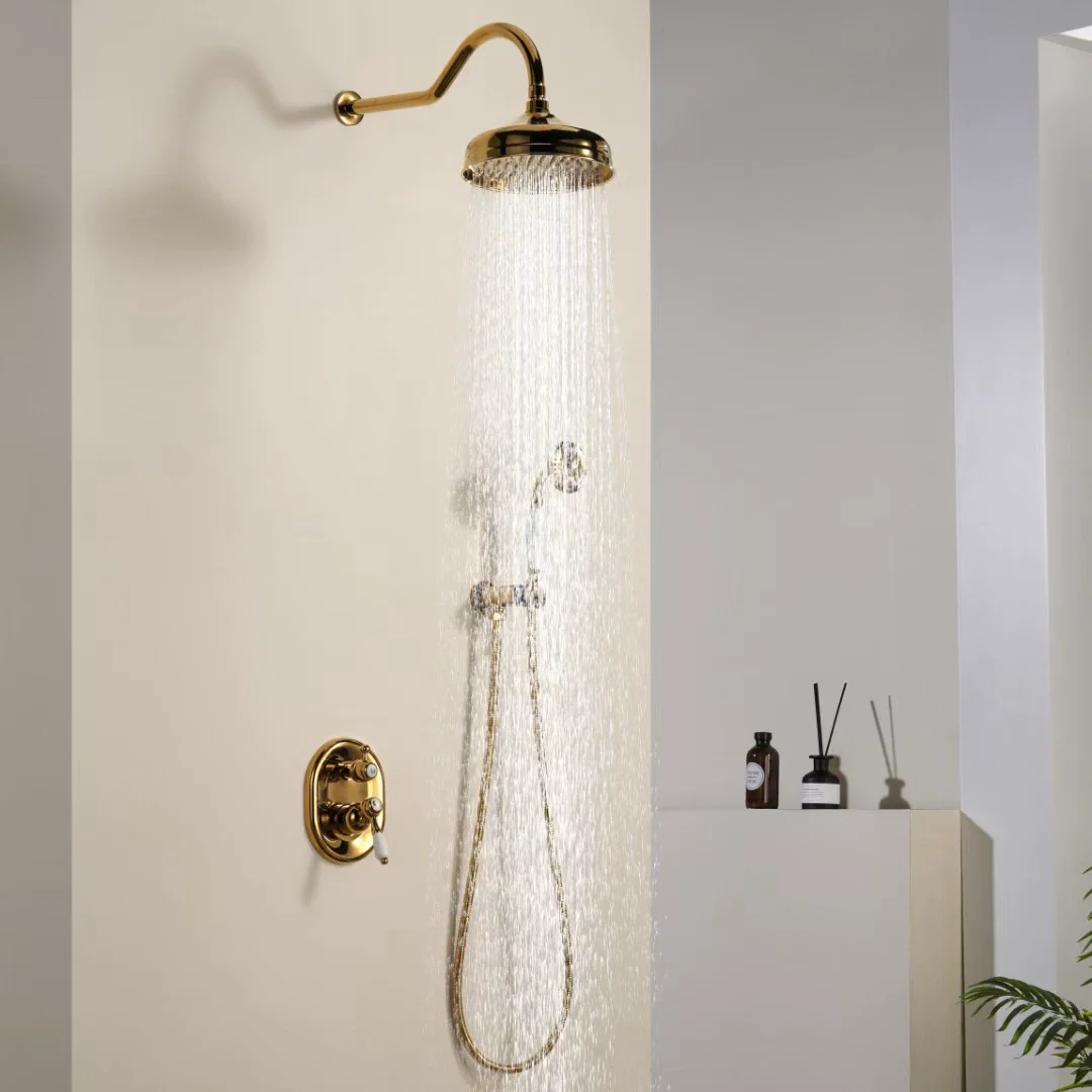 Tuqiu Luxury Gold Rainfall Shower Set Wall Mounted Antique Shower Faucet Set Total Brass Chrome Bath & Shower Mixer Tap Brass