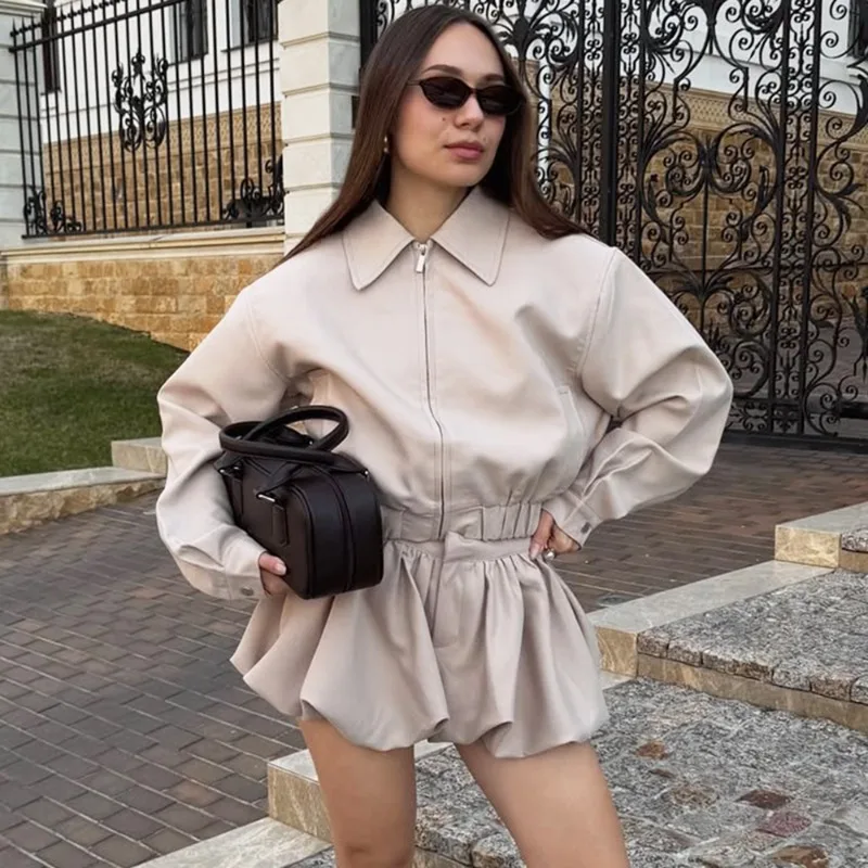 Tuularose Women's 2 Piece Fashion Lapel Zip Jacket Pleated Shorts Suit Vintage Streetwear New Party Autumn Female Short Sets