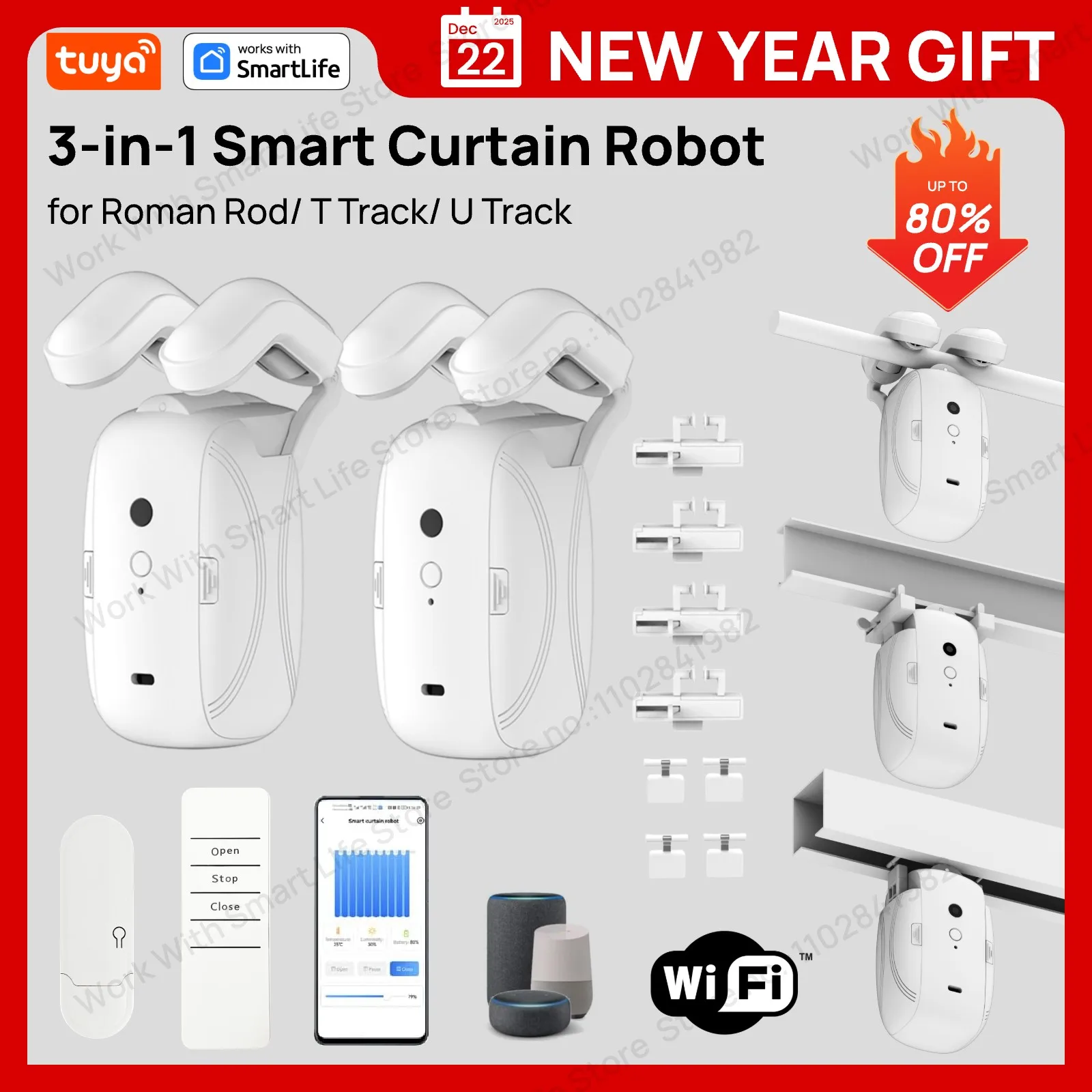 Tuya Smart Curtain Robot Curtain Motor 3-in-1 Tuya APP/Remote control Timed switch, Pull-to-start For Roman T U Tracks