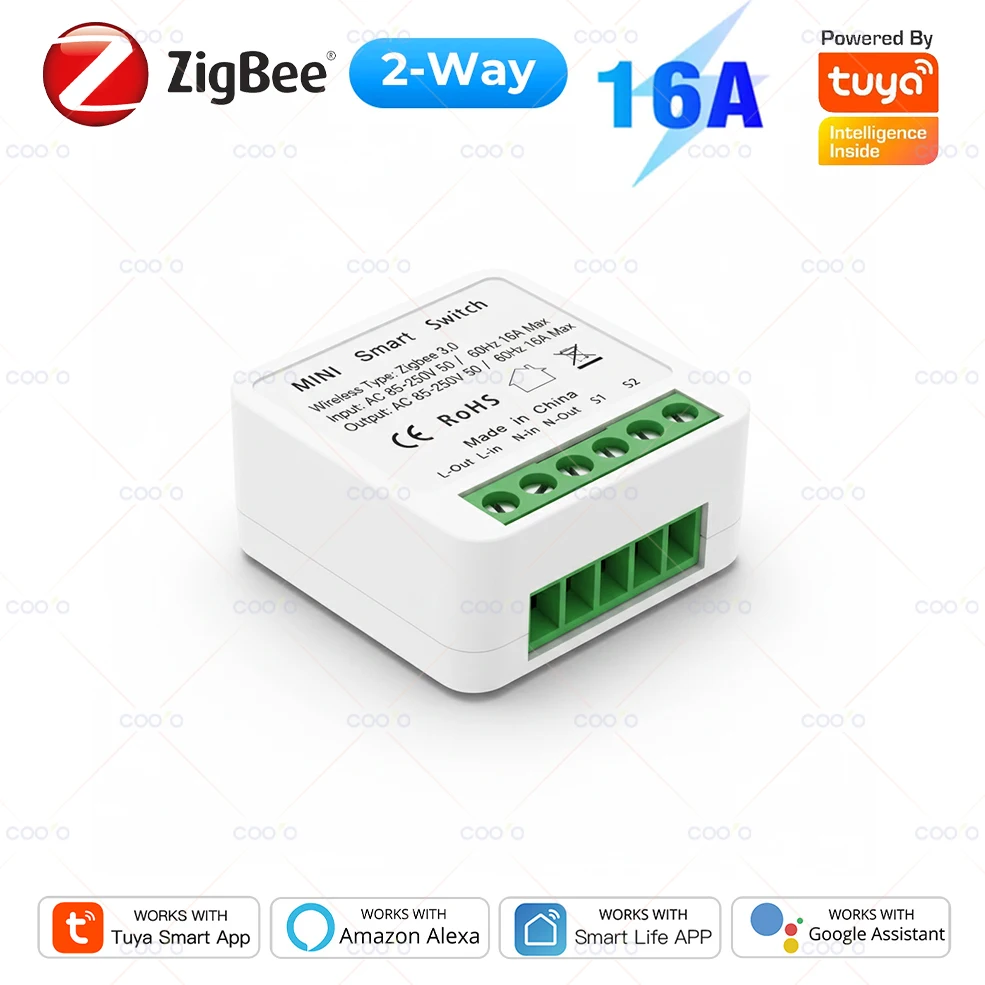 Tuya Zigbee 3.0 Smart Switch 16A Mini Module DIY 2 Way Control Smart Home Relay Automation Breaker works with Alexa Google Home