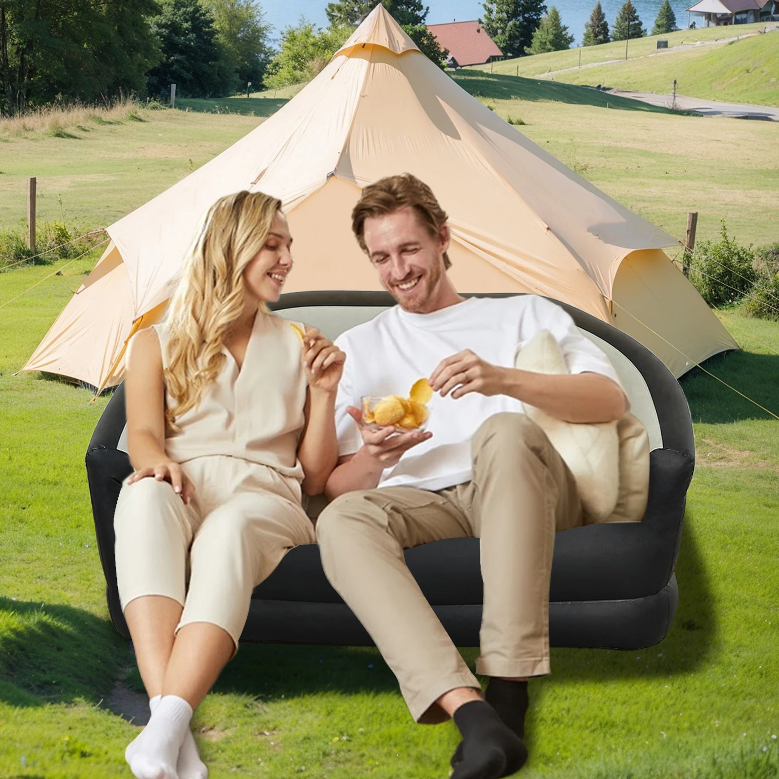 Twin Size Outdoor Inflatable Sofa with Air Pump PVC Comfortable Lounger Inflatable Lounging Sofa for Outdoor and Living Room