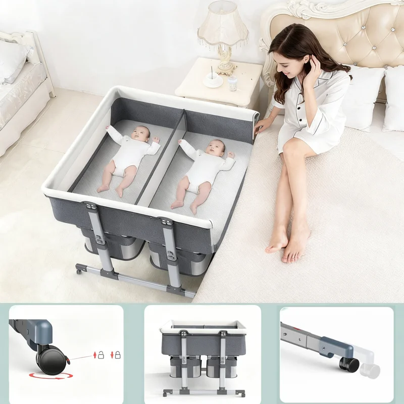 Twins Crib Bedside Sleeper – Adjustable Bassinet with Breathable Mesh