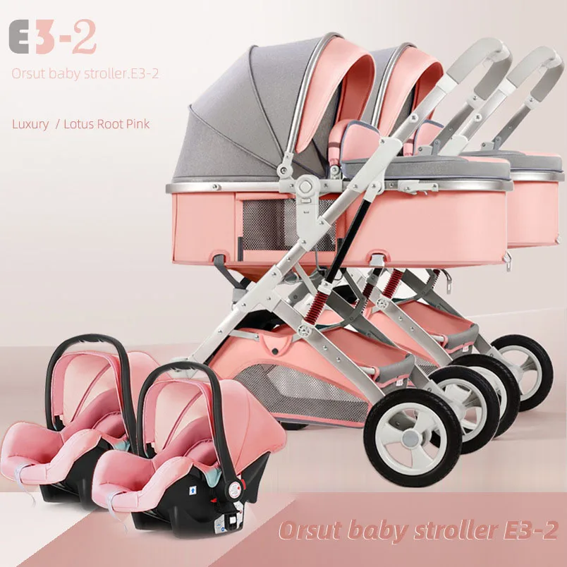 Twins Stroller with Car Seat, 3-in-1 Portable Foldable Baby Stroller High View Newborn Baby Stroller Can Sit and Lie