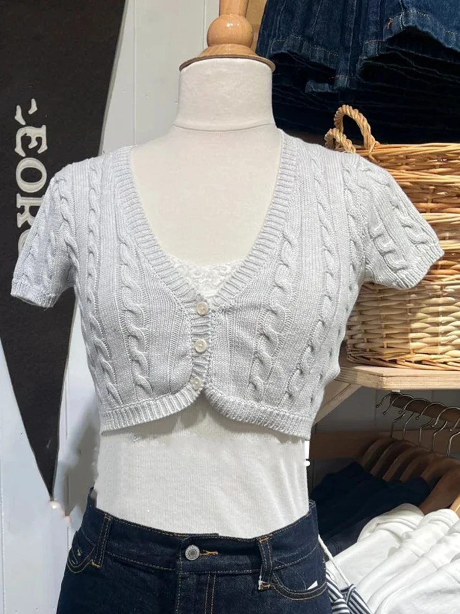 Twist Flower Cropped Cardigan Woman V-neck Single Breasted Short Sleeve Knitted Crop Tops Autumn Sweet Cotton Knitwear y2k