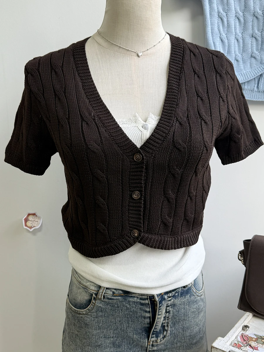 Twist Flower Cropped Cardigan Woman V-neck Single Breasted Short Sleeve Knitted Crop Tops Autumn Sweet Cotton Knitwear y2k