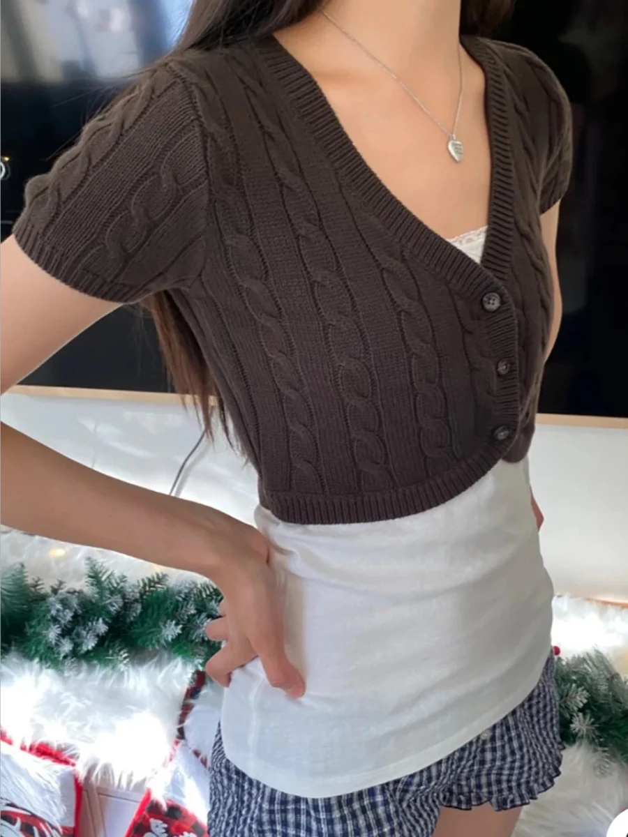 Twist Flower Cropped Cardigan Woman V-neck Single Breasted Short Sleeve Knitted Crop Tops Autumn Sweet Cotton Knitwear y2k