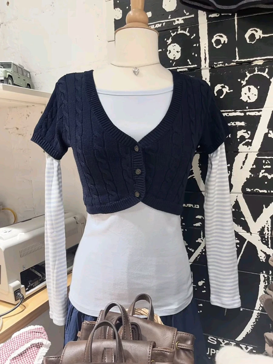 Twist Flower Knitted Cropped Cardigan Woman Autumn V-neck Single Breasted Short Sleeve Crop Tops Solid Simple Cotton Knitwear