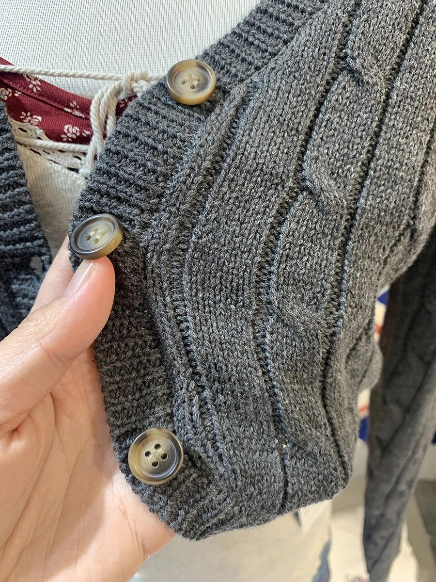 Twisted Flower Cropped Sweater Cardigan Woman Spring V-neck Single Breasted Long Sleeve Slim Crop Tops Solid Cotton Knitwear