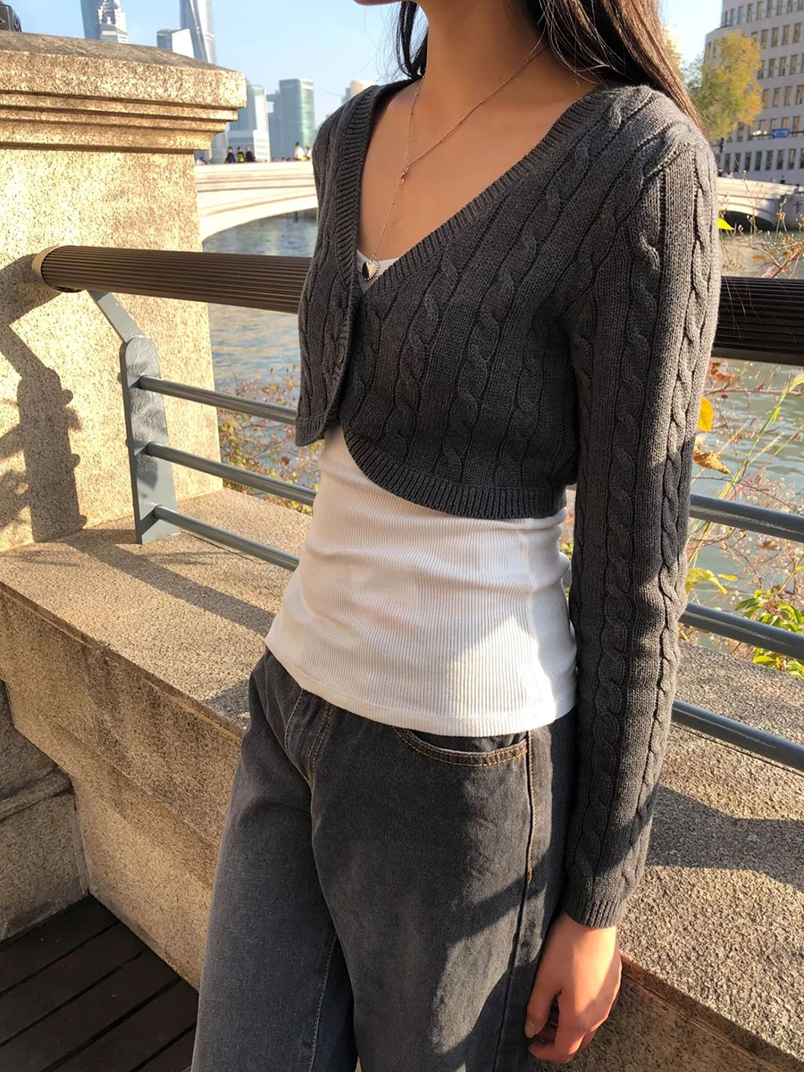 Twisted Flower Cropped Sweater Cardigan Woman Spring V-neck Single Breasted Long Sleeve Slim Crop Tops Solid Cotton Knitwear