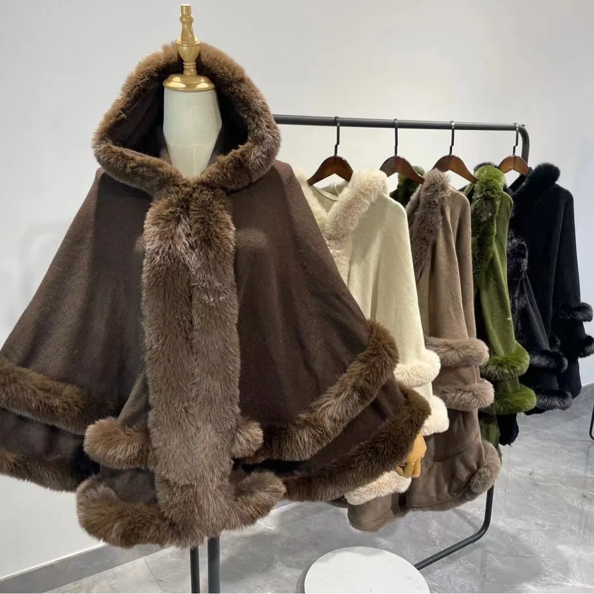 Two Circle Faux Rabbit Fur Outer Shawl Cloak Winter Warm Oversize Long Poncho Capes Women Wear Loose Overcoat With Hat