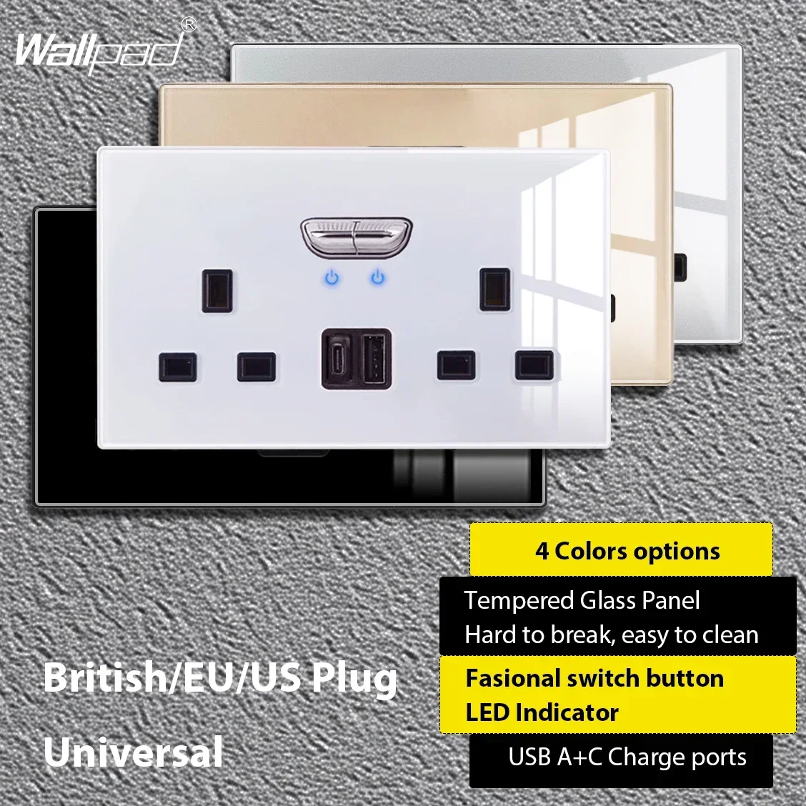 UK 13A Double Switched Wall Sockets with LED Indicator Light USB Type C Charging Ports British Standard Plug Glass Panel