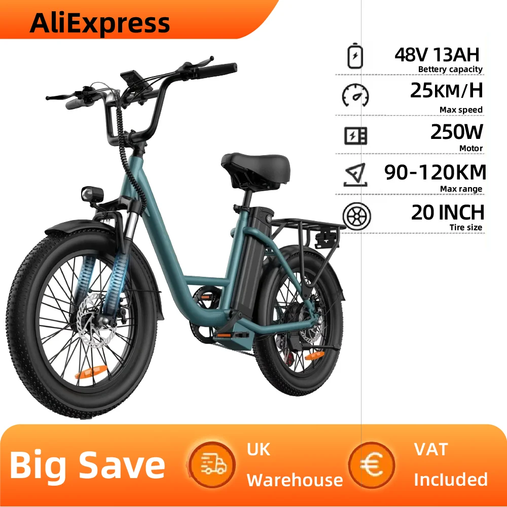 URLIFE E20 Adult E-bike 250W Motor Electric Bicycle 48V 13Ah Battery Commute Electric Bike 20-inch Fat Tire city ebike