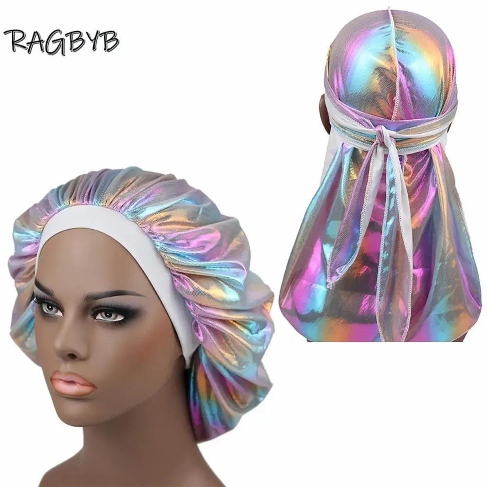 Unisex Glitter Silk Durag Matching Bonnet Set Men Silky Durag Bandanas Bonnet for Women Sleep Cap Wave Hair Cap Head Scarf Durag