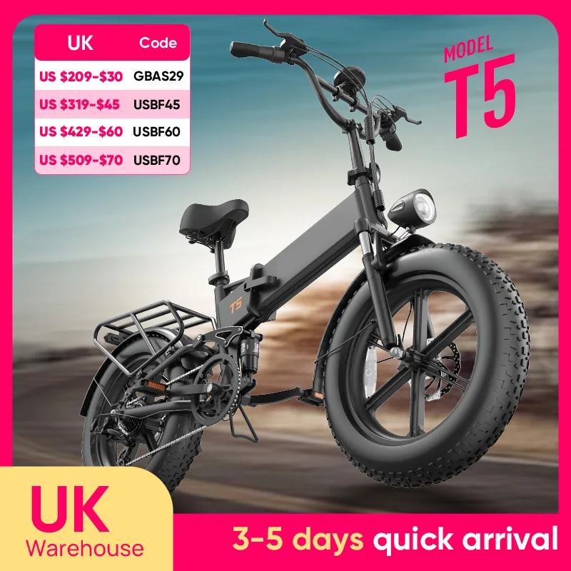 Urlife T5 Peak 1500W Electric Mountain Bike with 48V 13Ah 7-Speed Removable Battery 20"*4" fat Tire Foldable for easy storage