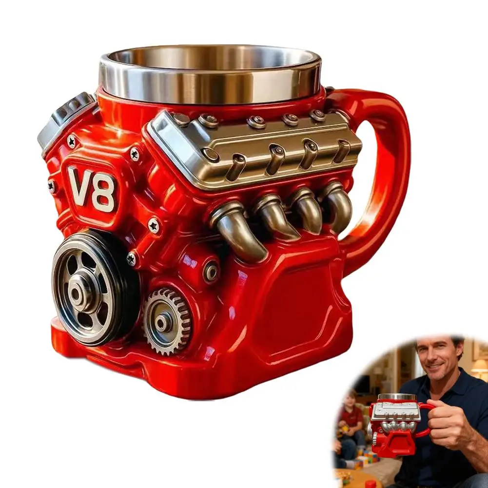 V8 Engine Coffee Mug, Retro V6 Engine Coffee Mug, Personalized Stainless Steel Wall Insulation Mug Xmas New Year Gifts for Mens