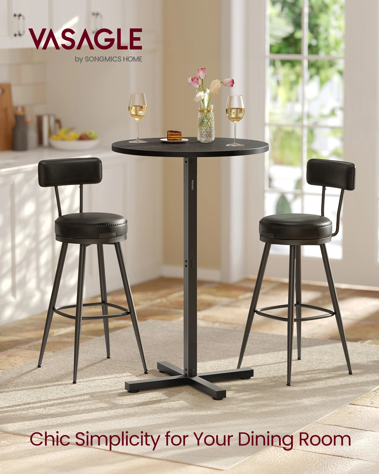 VASAGLE Bar Table, High Dining Table, Metal Frame, 60 x 60 x 104.5 cm, Easy to Assemble, With Cross Base, for 2-3 People, Modern