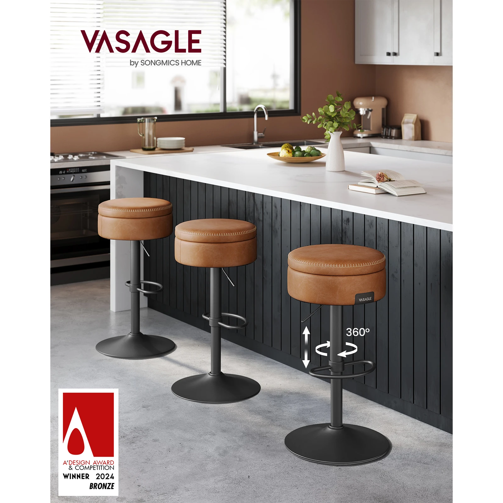 VASAGLE EKHO Collection - 360 Swivel Bar Stool, Height Adjustable Barstool with Storage, Synthetic Leather with Stitching