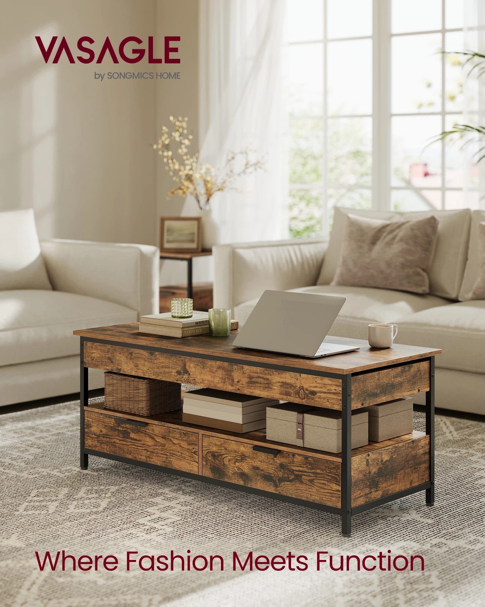 VASAGLE Lift Top Coffee Table, Living Room Table, with Storage Drawers, Hidden Compartments, and Open Shelf, 50 x 120 cm