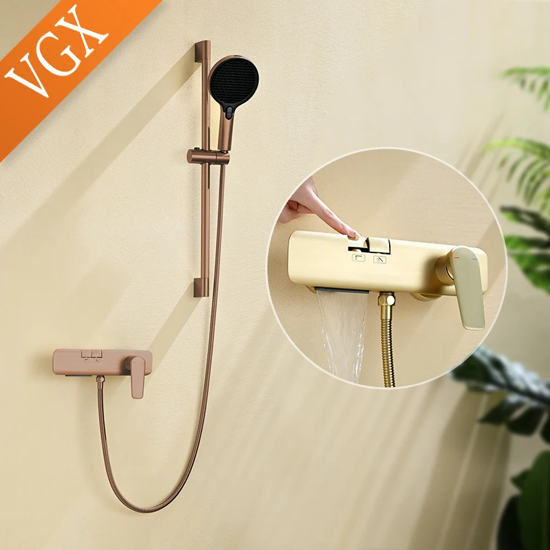 VGX Simple Shower Set with Lifting Bar Bathtub Shower Faucet Bathroom Shower Mixer Tap With Lifting Rod Rose Gold Shower System