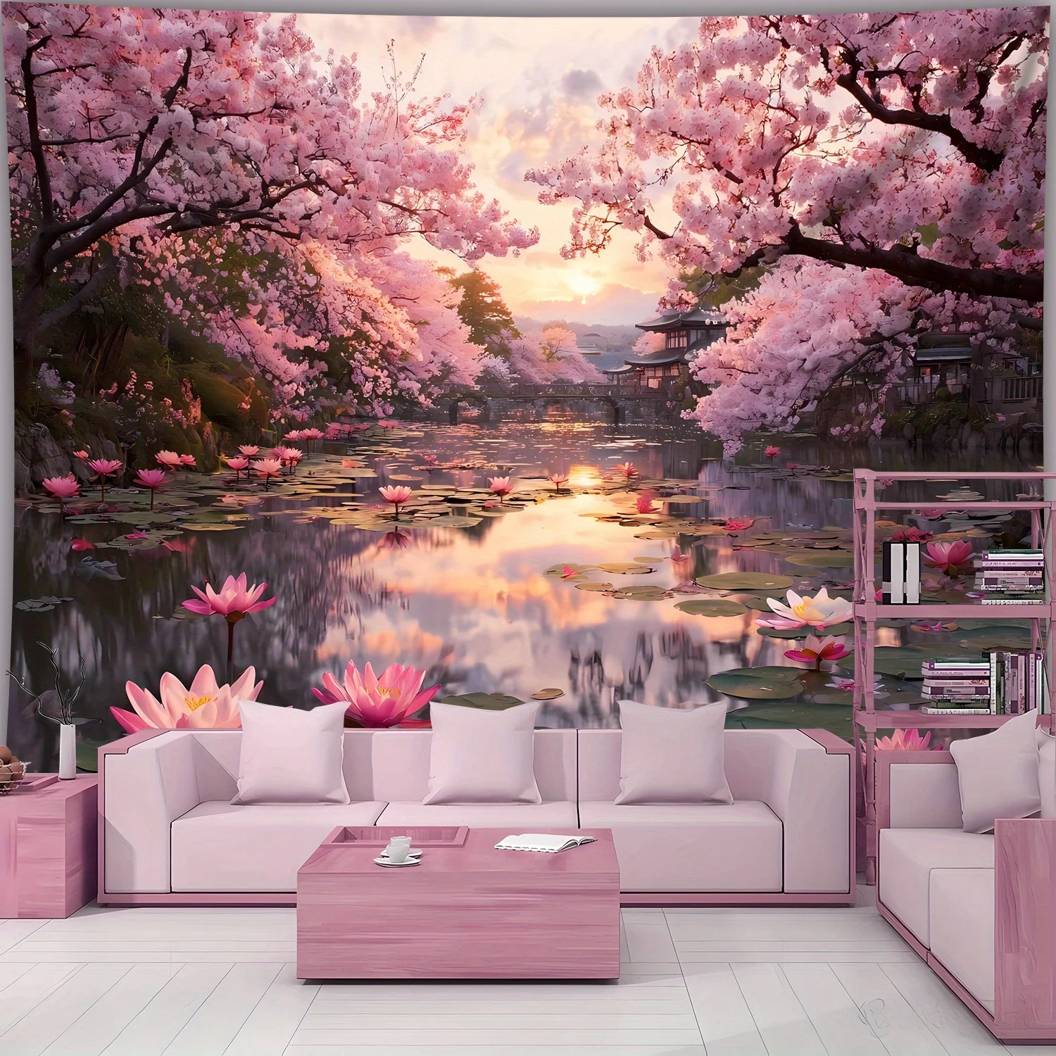 VIKAMA Japanese-Style Dreamy Cherry Blossom Wall Tapestry Living Room, Bedroom, Office, Home Room, Party Decor Home Decor