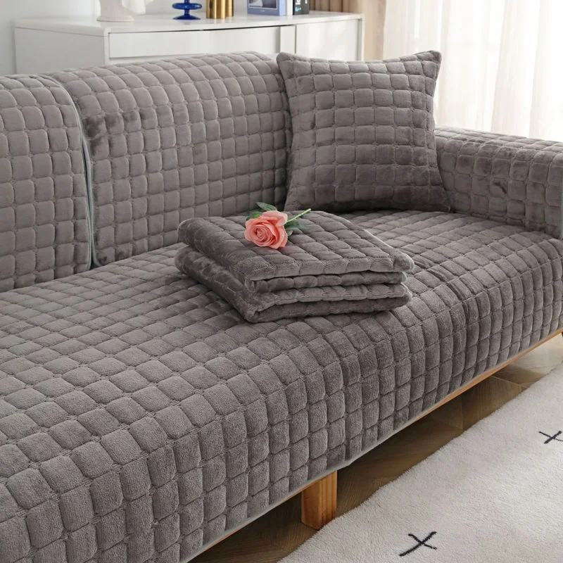 Velvet Sofa Cover Universal Plaid Plush Non-Slip Thickened General Sofa Cover Warm Flannel Sofa Cushion Plush Armrest Back Towel