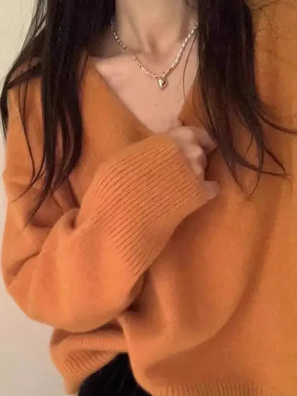Versatile Loose Knitted Sweater Women's Spring Autumn New Sle Color V-Ne Slimming Base Layer irt Lazy Sle
