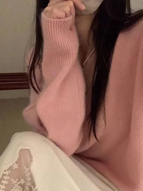 Versatile Loose Knitted Sweater Women's Spring Autumn New Sle Color V-Ne Slimming Base Layer irt Lazy Sle