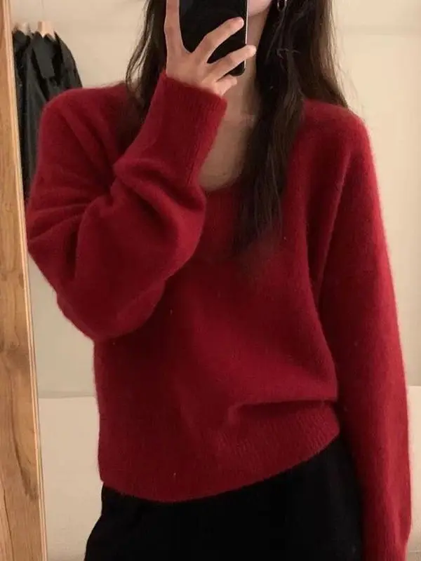 Versatile Loose Knitted Sweater Women's Spring Autumn New Sle Color V-Ne Slimming Base Layer irt Lazy Sle