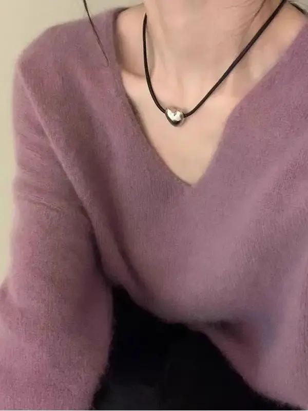 Versatile Loose Knitted Sweater Women's Spring Autumn New Sle Color V-Ne Slimming Base Layer irt Lazy Sle