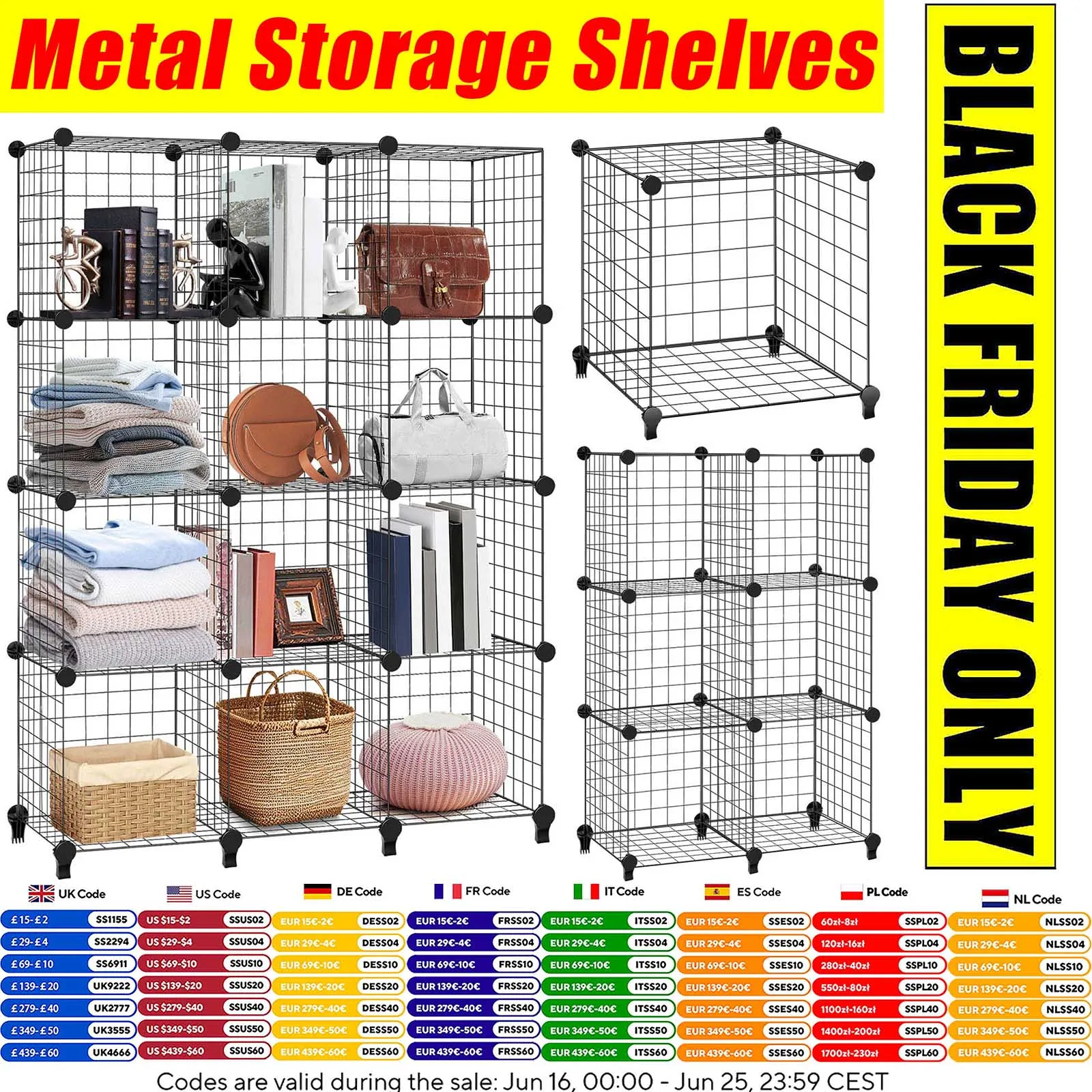 VickyHome 6/12 Cubes Wire Metal Grid Stackable Storage Shelves Multifunctional DIY Bookshelf and Shelving Unit for Home Office