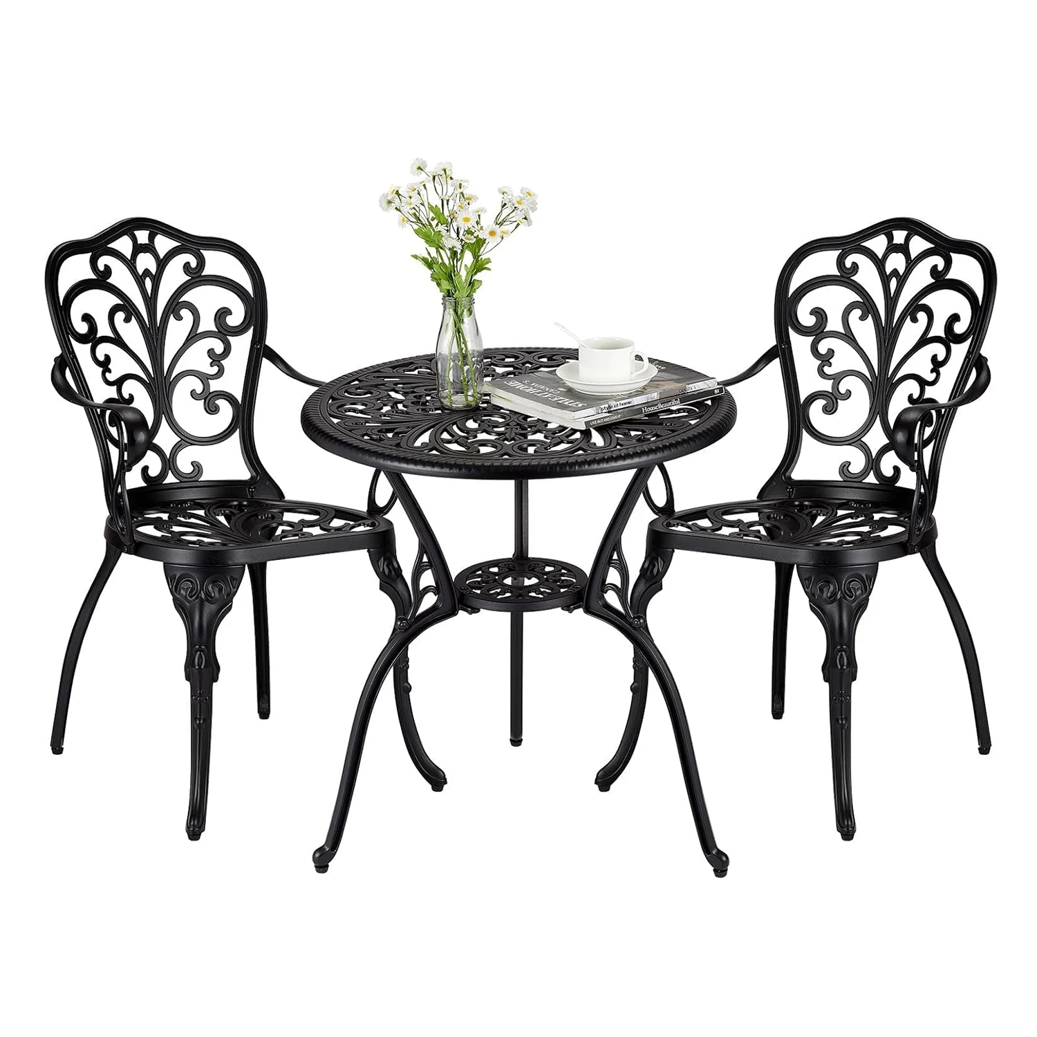 Vintage 3-Piece Outdoor Bistro Set, Cast Aluminum Patio Furniture 1 Table & 2 Chairs Set for 2 Persons Garden Porch & Backyard
