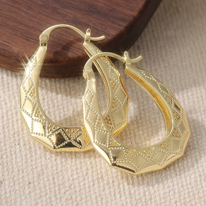 Vintage Oval Golden Hoop Earrings Hand Carved Patterned Earrings