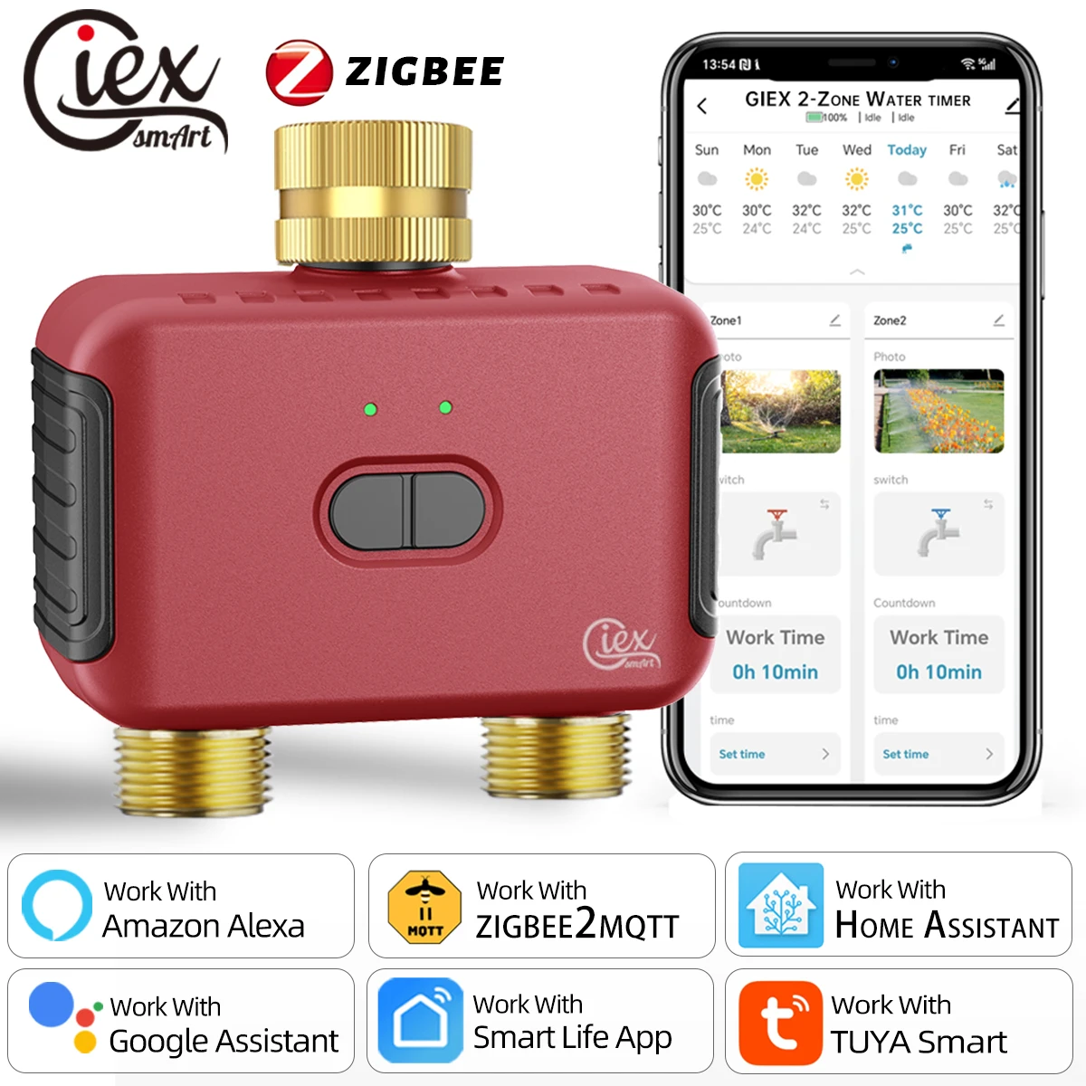 WIFI & ZIGBEE 2-Zone Watering Timer Smart Garden Automatic Irrigation System Drip Sprinkler Controller Valve Tuya 2MQTT ZHA