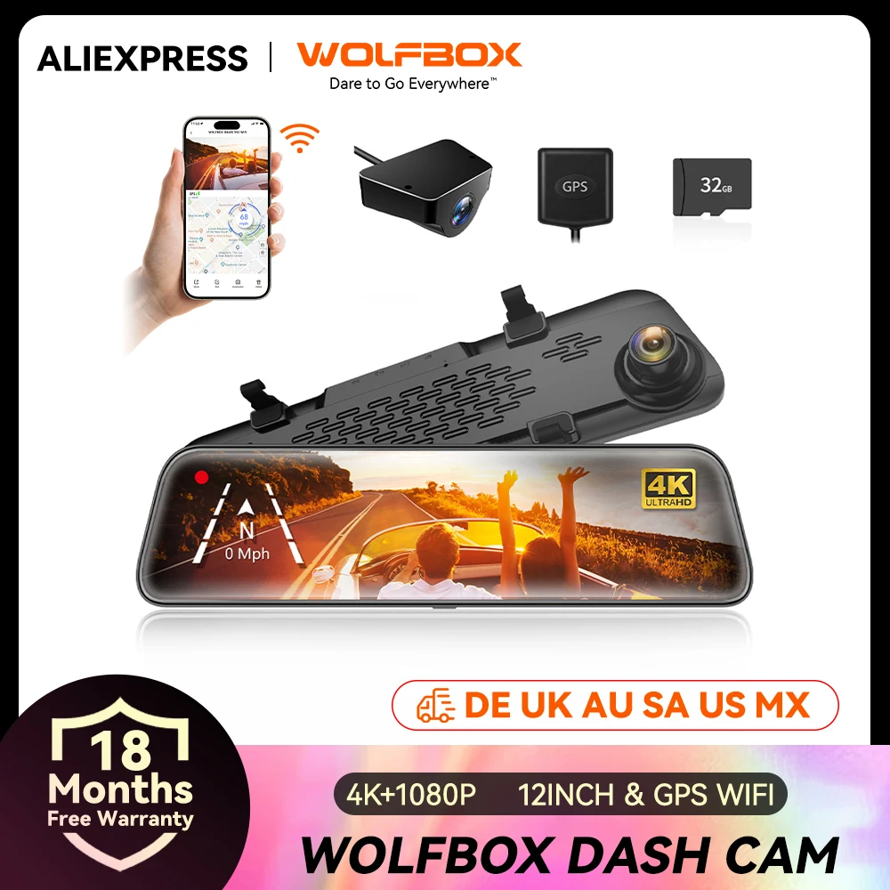 WOLFBOX G840S 12"IPS Dash Camera 4K Rearview Dash Cam GPS Video Recorder Night Vision HD Dual Cameras Car Dvr Parking Monitor