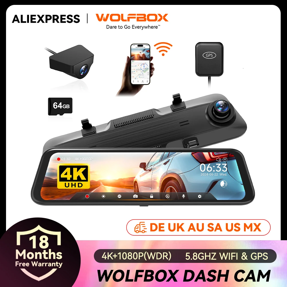 WOLFBOX G850 Front and Rear 4K Dash Cam Car Camera WDR 1080P Dash Camera for Car FOV170 Car Dvr GPS Night Vision 24H Parking