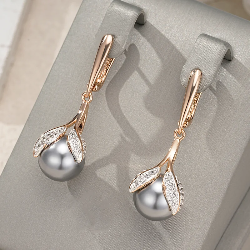 Wbmqda Luxury Grey Big Pearl Long Drop Earrings For Women 585 Rose Gold Color Fine Wedding Jewelry