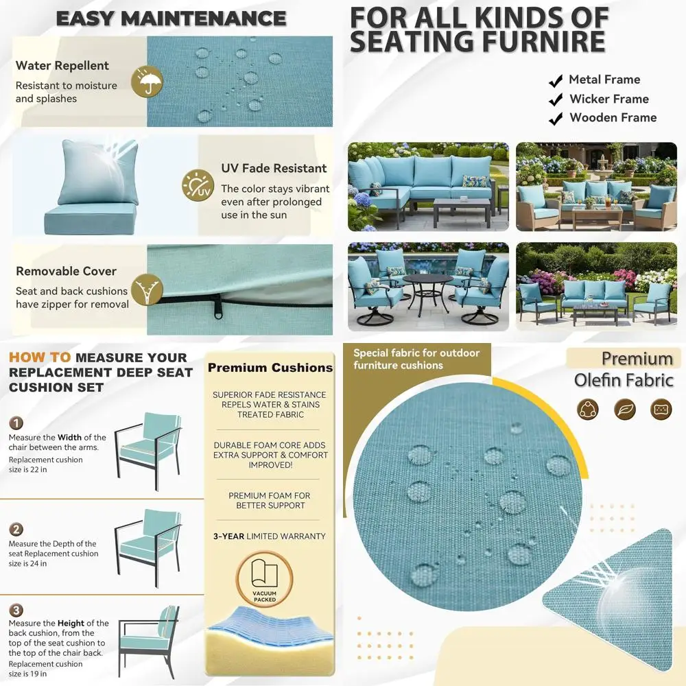 Weatherproof 24x22 Inch Patio Seat Cushion Set with Removable Covers, Fade-Resistant for Deep Seating