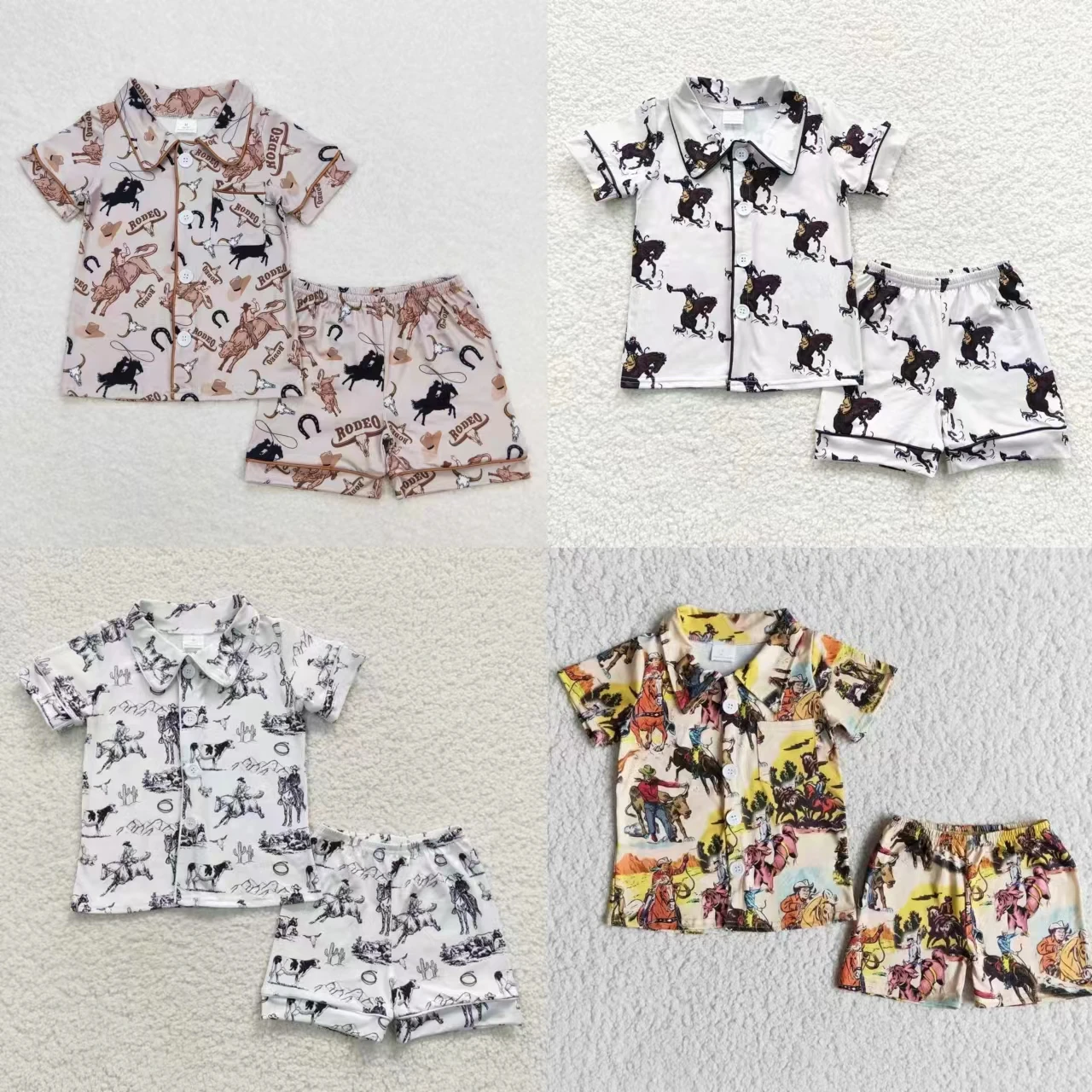 Wholesale Summer Children Kids Pajamas Short Sleeves Horse Cow Pocket Shirt Infant Western Sleepwear Set Shorts Baby Boy Outfit
