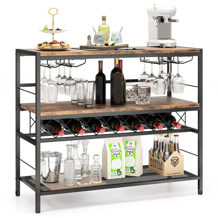 Wine Rack Table, Freestanding Bar Cabinet with Bottle Rack, Glass Holders, Adjustable Footpads, Antitoppling Design, Industrial