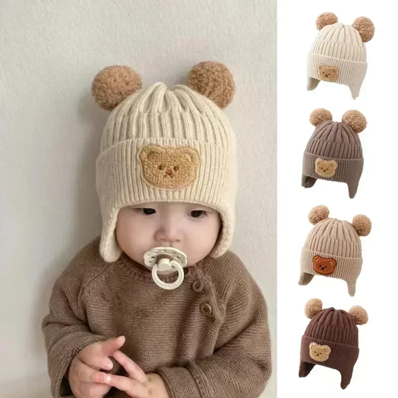Winter Baby Beanie Cap Cartoon Bear Ear Protection Knitted Hat for Toddler Boys Girls Cute Korean Warm Kids Crochet Hats Gorros