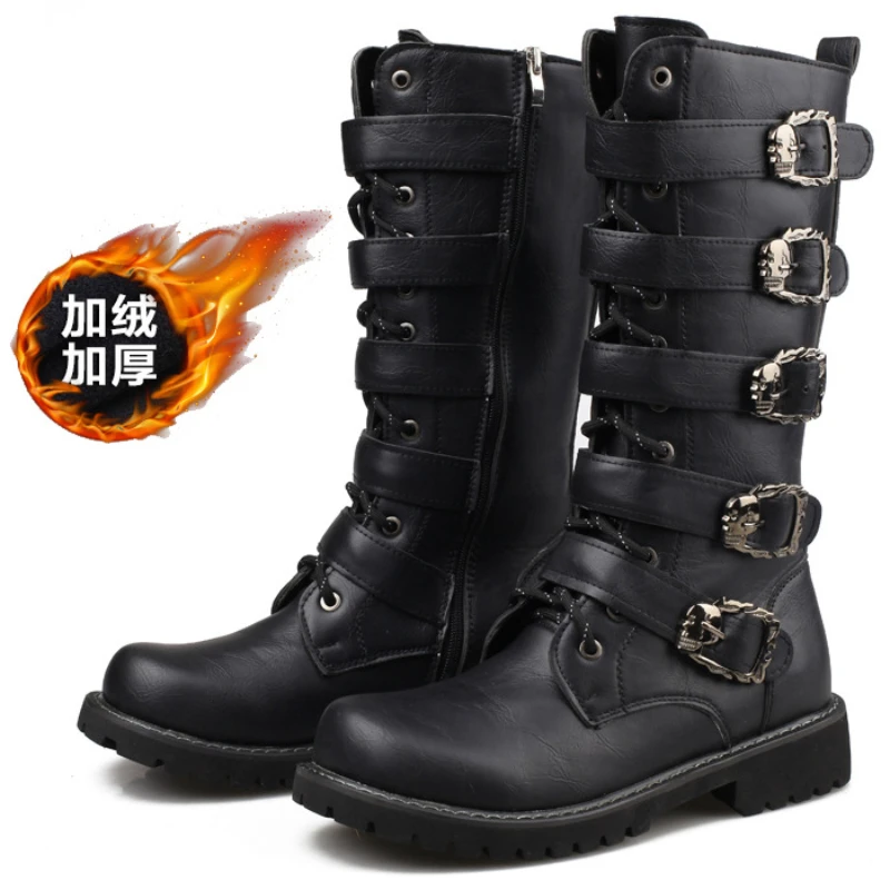 Winter Men's Leather Motorcycle Boots Punk Chain Mid-calf Platform Gothic Combat Boots for Men Biker Boots Men 2024