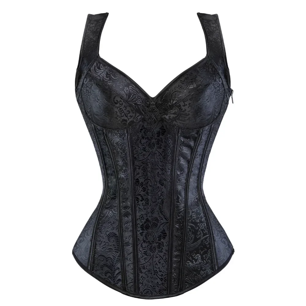Women Corset with Straps Overbust Corset Plus Size Floral Jacquard Corset Zipper Top Gothic Steampunk Corsets Bustier