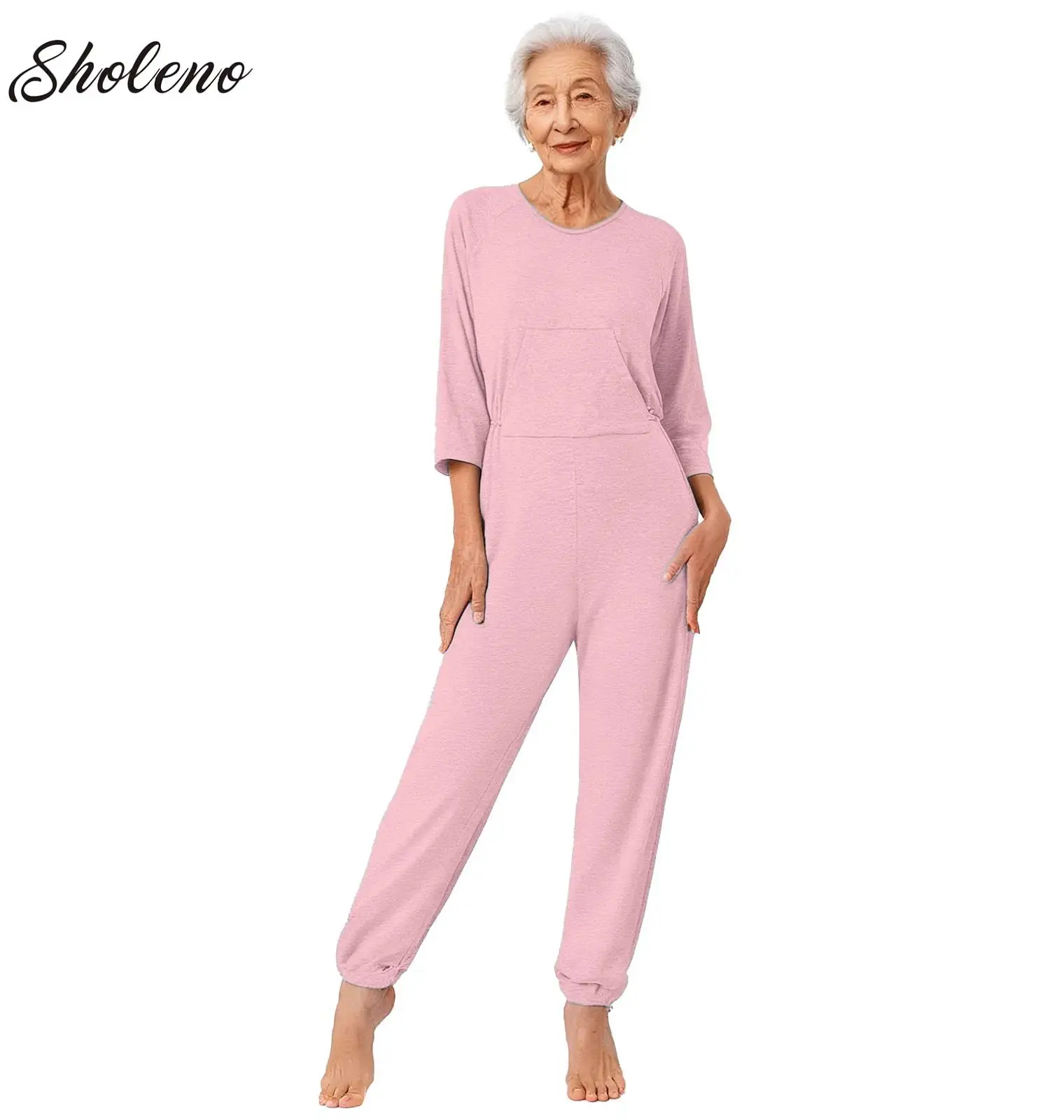 Women Elderly Anti-Strip Adaptive Clothing Jumpsuit Long Sleeve Zip Dementia Special Needs and Disabilities Nursing Rompers
